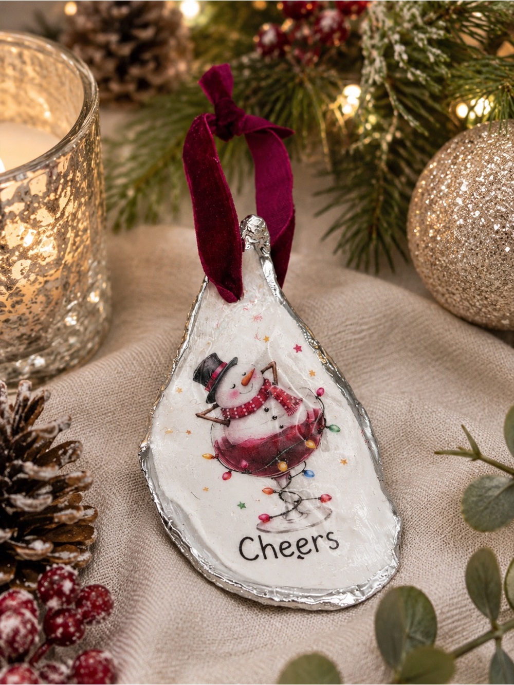 Holiday Cheers Snowman Oyster Ornament with Burgundy Ribbon
